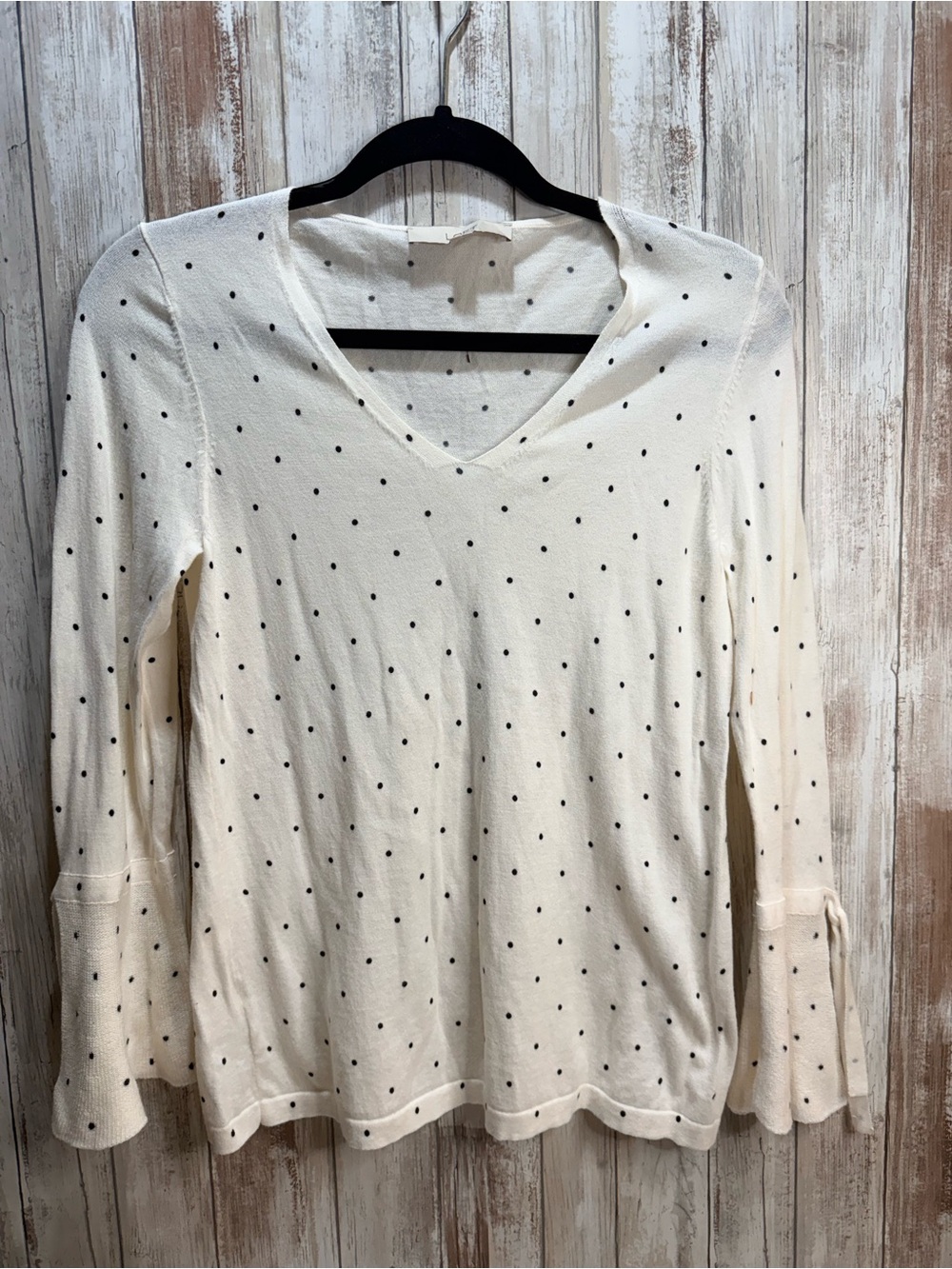 LOFT Cream Black Polka Dots V-Neck Long Sleeve Top Sz S